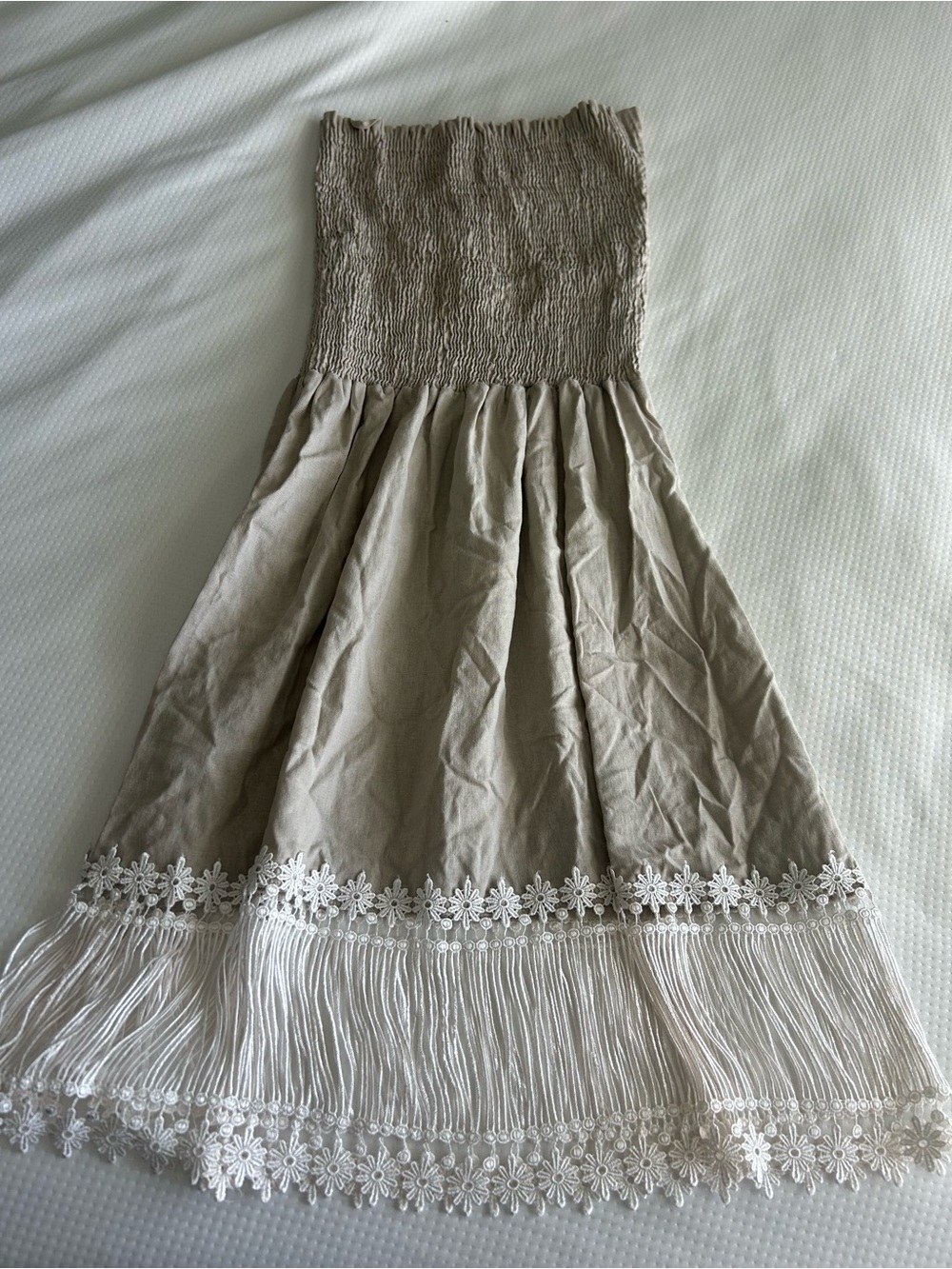 Vintage 100% Linen Beige Textured & Lace Trim Midi Dress - Neutral Beige - Picture 5 of 8